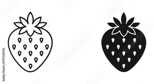 Outline and filled strawberry icon vector illustration on a clean white background, simple berry graphic design symbol.