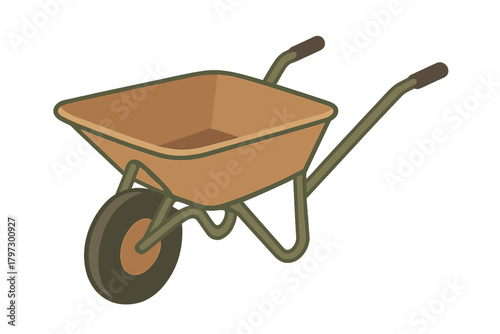Classic garden wheelbarrow with a single wheel and brown basin for construction or farming tasks