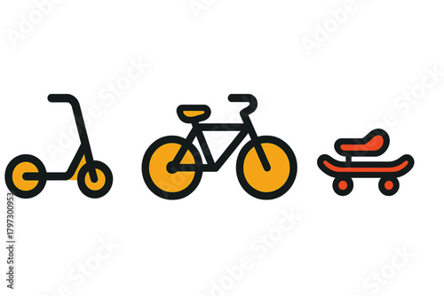 Set of personal mobility icons featuring a kick scooter, bicycle, and skateboard for urban travel