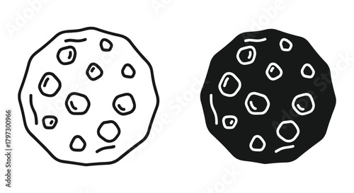 Hand drawn black and white doodle style chocolate chip cookie or asteroid simple illustration graphic icon.