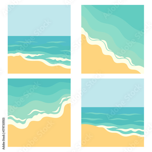 Four summer beach scenes with turquoise ocean waves and golden sand shorelines