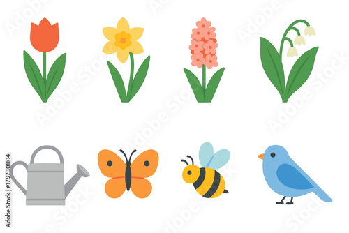 Colorful flat design icons of spring garden elements including flowers, insects, bird, and watering can