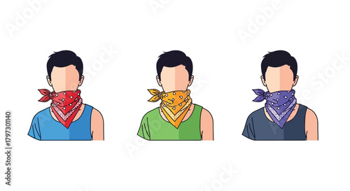 Three faceless figures each wearing a different colored bandana