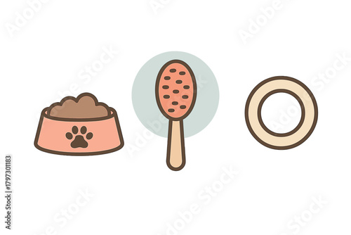 Essential pet care objects set featuring a full food bowl, grooming brush, and circular chew toy