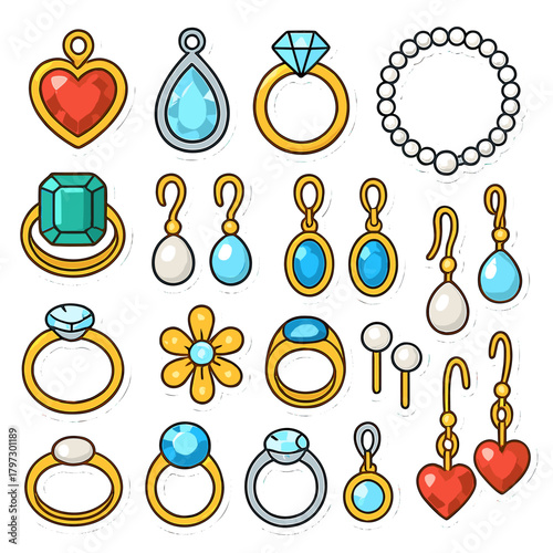Shiny rings, earrings, pendants, and a pearl necklace featuring colorful gemstones