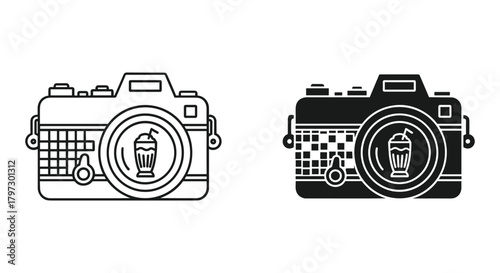 Classic camera outline and glyph icons with milkshake in lens, representing photography and sweet treats.