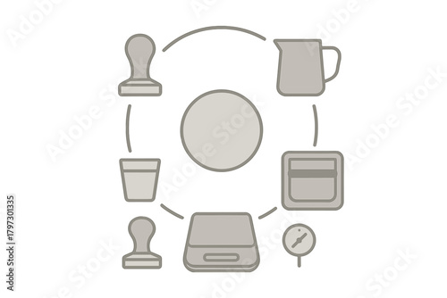 Circular diagram of essential equipment for professional coffee and espresso making