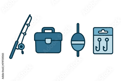 Fishing equipment including rod reel tackle box bobber and packaged hooks