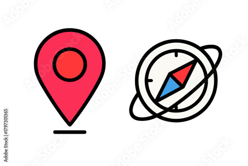 Location pin marker and compass for geographical positioning and travel direction