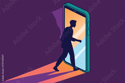 Black silhouette of a person dissolving into a glowing smartphone screen, representing digital immersion.