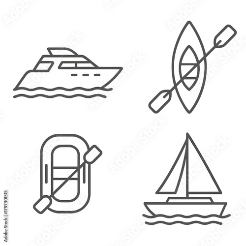 Nautical transport symbols set: luxury yacht, sailing boat, inflatable raft, and kayak icons