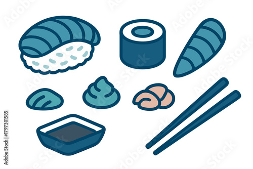 Japanese cuisine set with sushi, maki, shellfish, wasabi, ginger, soy sauce, and chopsticks