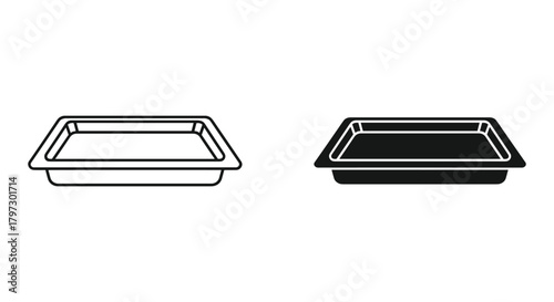 Rectangular food tray icon set for serving or packaging meals, displaying both outline and solid design variations.