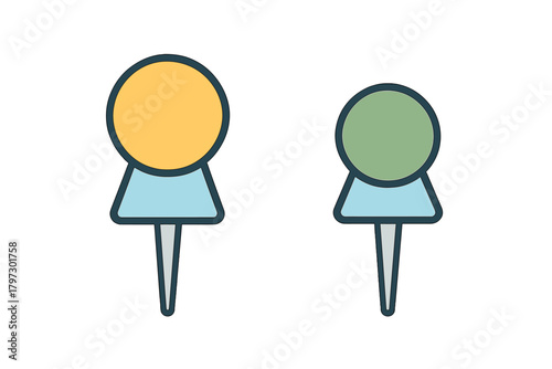 Pair of colorful location pins for map navigation and geographical marking on white