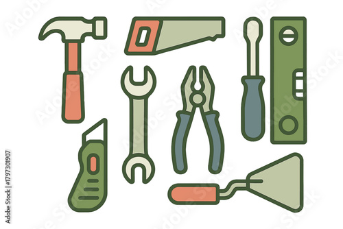 Essential collection of construction and home repair hand tools including hammer, saw, and wrench