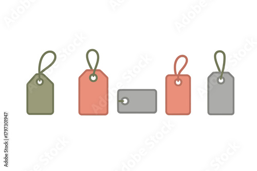 Five blank retail price tags and luggage labels with strings in various shapes and muted colors isolated on white