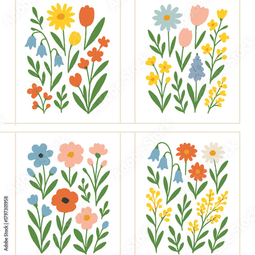 Stylized compositions of colorful spring and summer flowers including tulips daisies and bellflowers