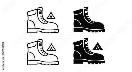 Hiking boots and camping tent vector icons for outdoor adventure, travel, nature, exploration, and recreation