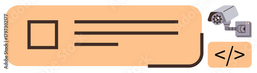 Text box with placeholder, surveillance camera, and code snippet, representing security, programming, and data protection. Ideal for technology, security, interface data coding privacy tech