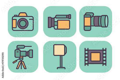 Flat design icons set for professional photography and video production equipment