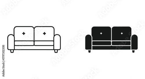 Modern two-seater sofa vector icon set, outline and solid filled designs for home furniture elements.