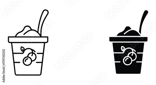 Yogurt cup with spoon and cherry illustration, outline and solid icon for healthy dairy fruit snack.