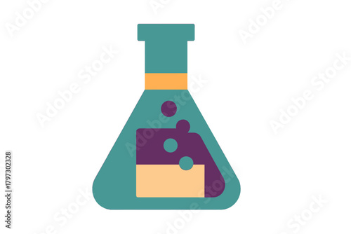 Erlenmeyer flask filled with colorful chemical liquid and bubbles for science experiments