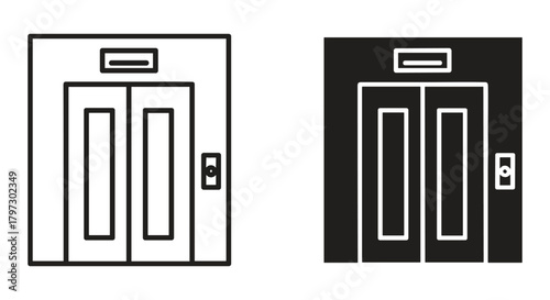 Detailed vector icon illustrating an elevator door, complete with floor indicator and call button in two distinct styles.