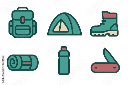 Set of essential outdoor adventure equipment including backpack, tent, boot, sleeping bag, and water bottle