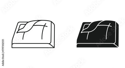 Folded blanket icon and solid pictogram on bed representing sleep, comfort, hotel, bedroom, and home textile graphics
