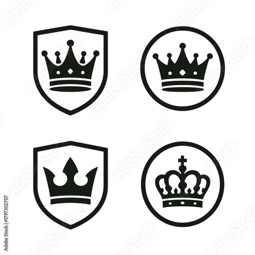 Set of four distinct royal crown symbols in black and white heraldic shields and frames