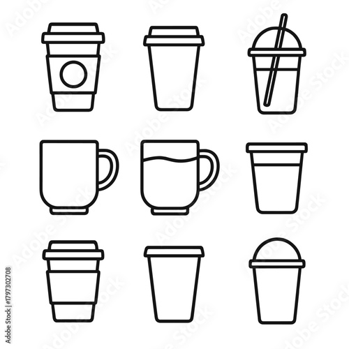 Collection of disposable coffee cups, reusable mugs, and cold beverage tumblers