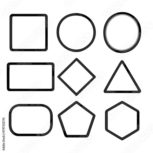 Set of nine fundamental geometric shapes with rough black border frames