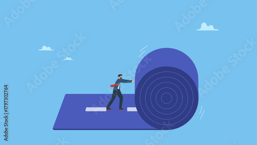 Confident businessman rolling the road carpet to walk to success. Develop career path or create success way, begin new road to achieve target or entrepreneur plan ahead way their own way.