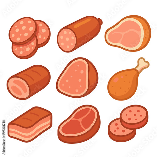 Various meat and sausage items including ham, bacon, steak, and chicken drumstick