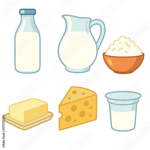 Assortment of fresh dairy products like milk, cheese, butter, cottage cheese, and yogurt