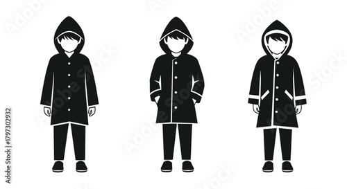 Three figures in hooded coats a minimalist black and white illustration