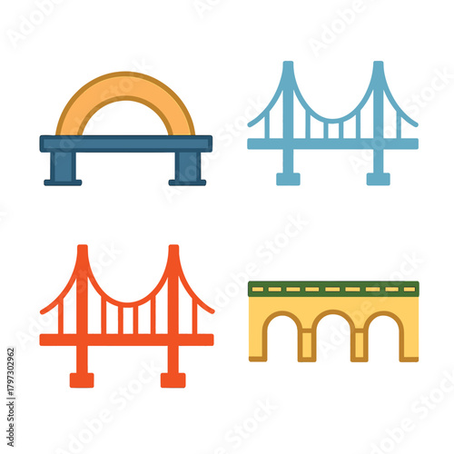 Set of four colorful bridge icons representing different architectural structures