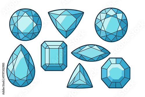 Assortment of brilliant blue aquamarine jewels showcasing popular gemstone cuts