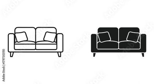 Modern two-seater sofa icons with cushions in minimalist black outline and solid silhouette design elements.