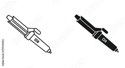 Curling iron hair styling tool outline and solid black silhouette icon vector illustration. hairdresser equipment.