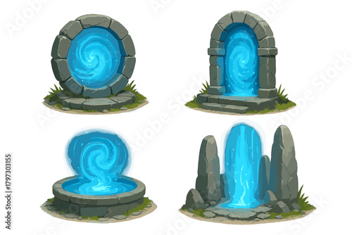 Four ancient fantasy stone portals featuring swirling blue magic energy