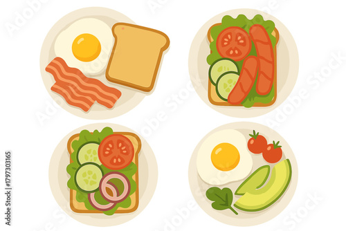 Set of four plates with various healthy and hearty breakfast food combinations