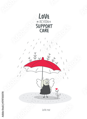 Vector cartoon sketch of Angel who  protects the sprout from the rain.Concept of assistance, care, philanthropy and support. Giving and sharing love, donating.Self-Love, Mental Health and positive.