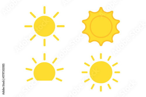 Set of four different yellow sun symbols used for weather, summer, and heat forecasts
