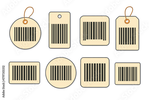 Collection of eight retail price tags and labels with generic barcode symbols