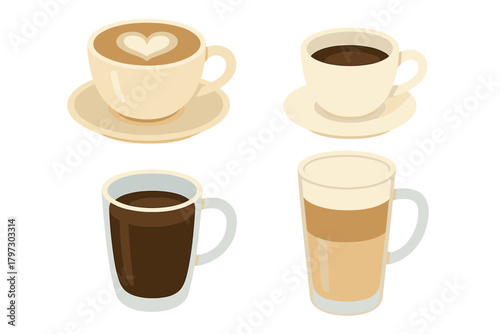Set of four popular hot coffee beverages including latte art, espresso, and layered macchiato served in ceramic and glass cups