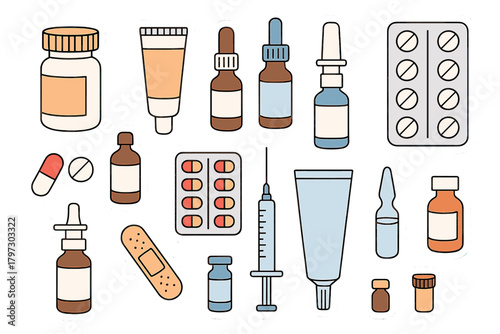 Collection of essential medicine bottles, pills, syringe, and first aid supplies