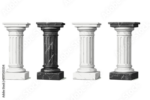 Row of four classical architectural columns with white and black marble textures