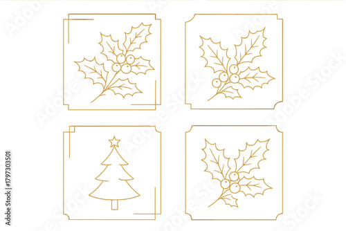 Minimalist gold line art Christmas icons featuring holly berries and festive tree
